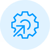 White gear icon with arrows forming a circle inside a blue circle background.