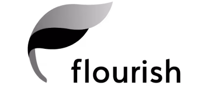 Stylized gray leaf logo with gradient shading.