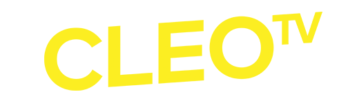 Logo with the word 'CLEO' in large bold yellow letters followed by smaller 'TV' also in yellow.