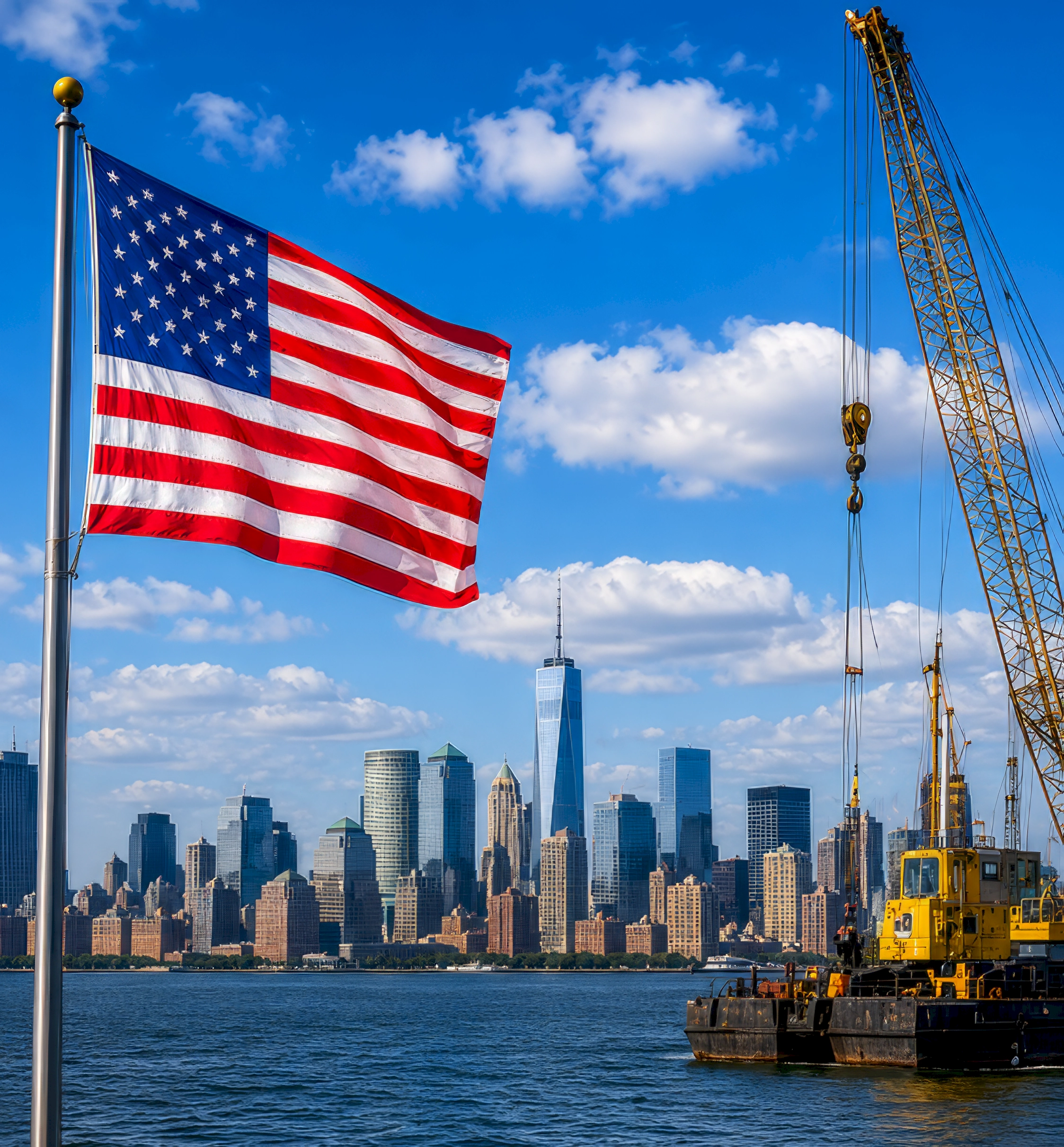 American flag waving by waterfront with New York City skyline and a crane barge under blue sky.