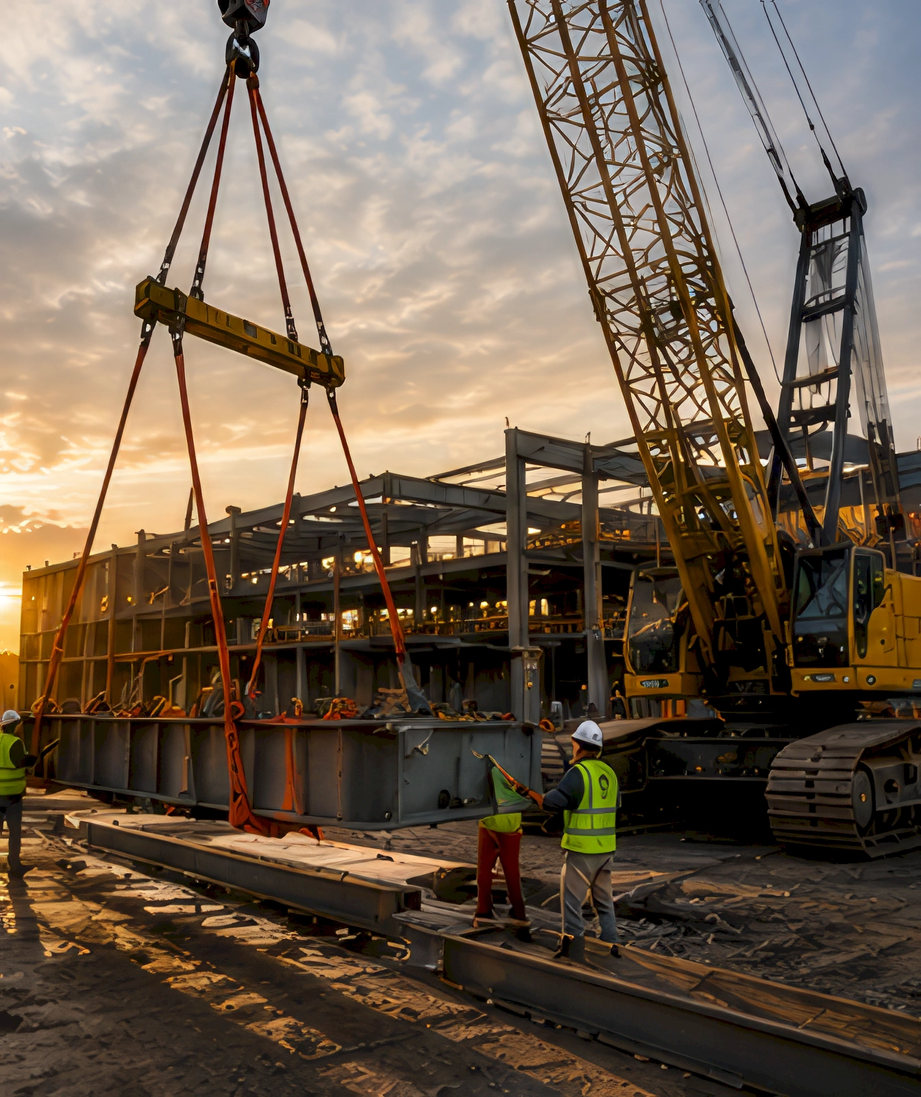 Construction workers guide a large steel beam being lifted by a crane at a building site at sunset.