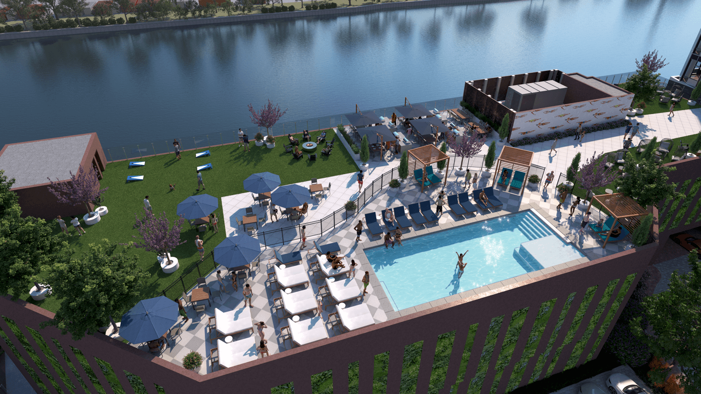 PARQ930 waterfront apartments second-level pool deck near PATH & Newark Penn Station