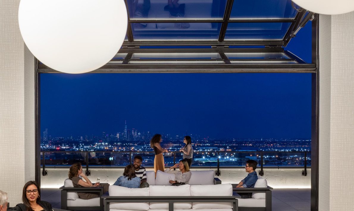 ICONIQ 777 high-rise sky deck overlooking Downtown Newark and the NYC skyline