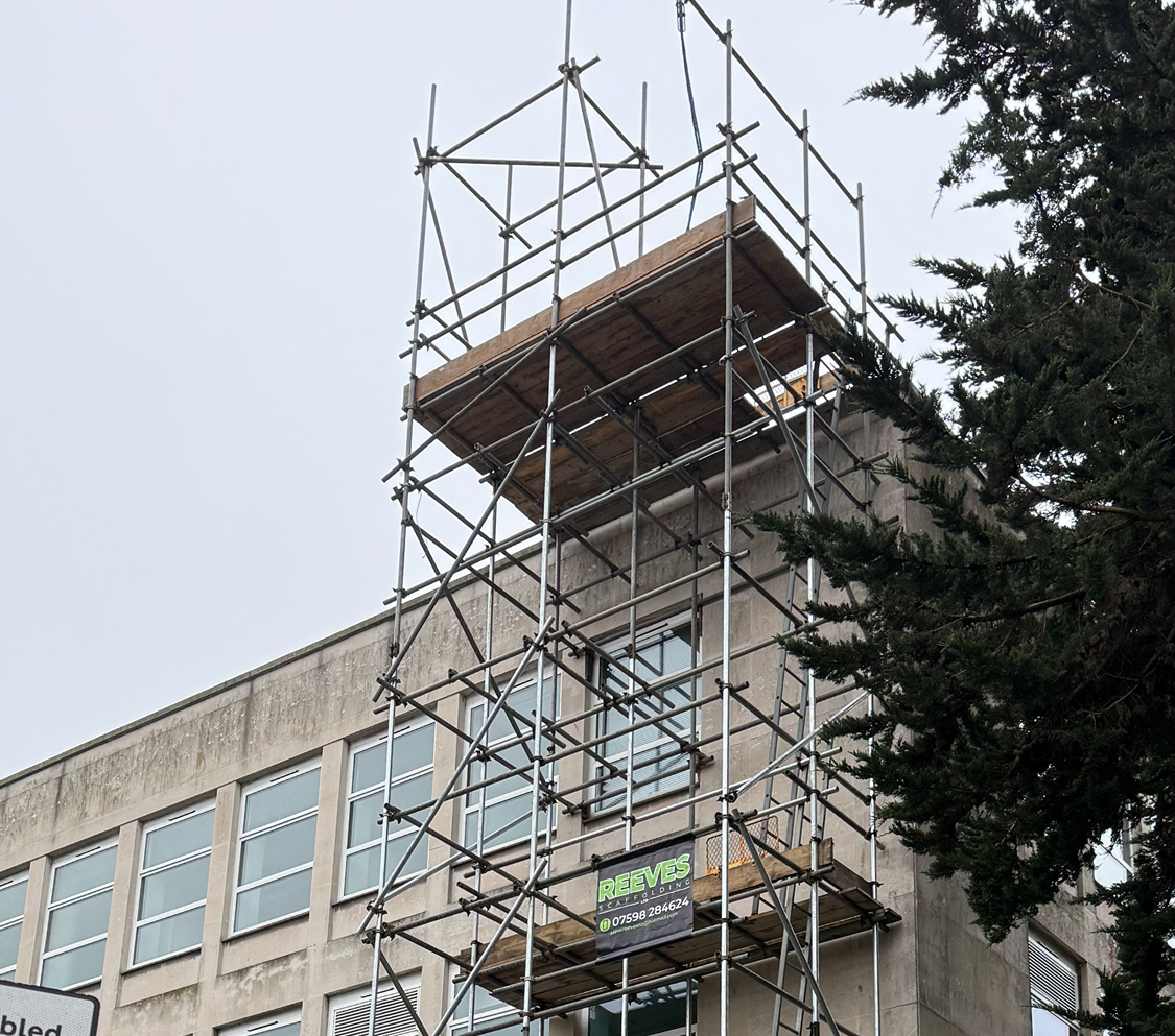 Metal scaffolding erected around a building's upper corner with a large tree nearby.