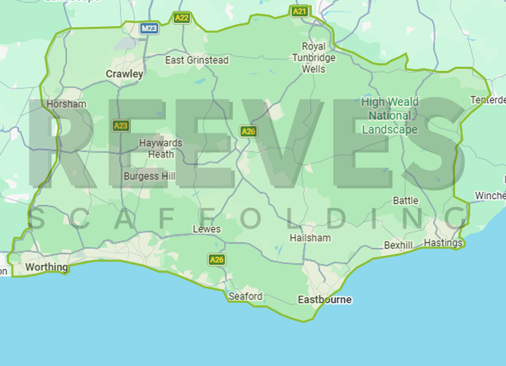 Map showing Reeves Scaffolding service area covering towns in East and West Sussex, England.