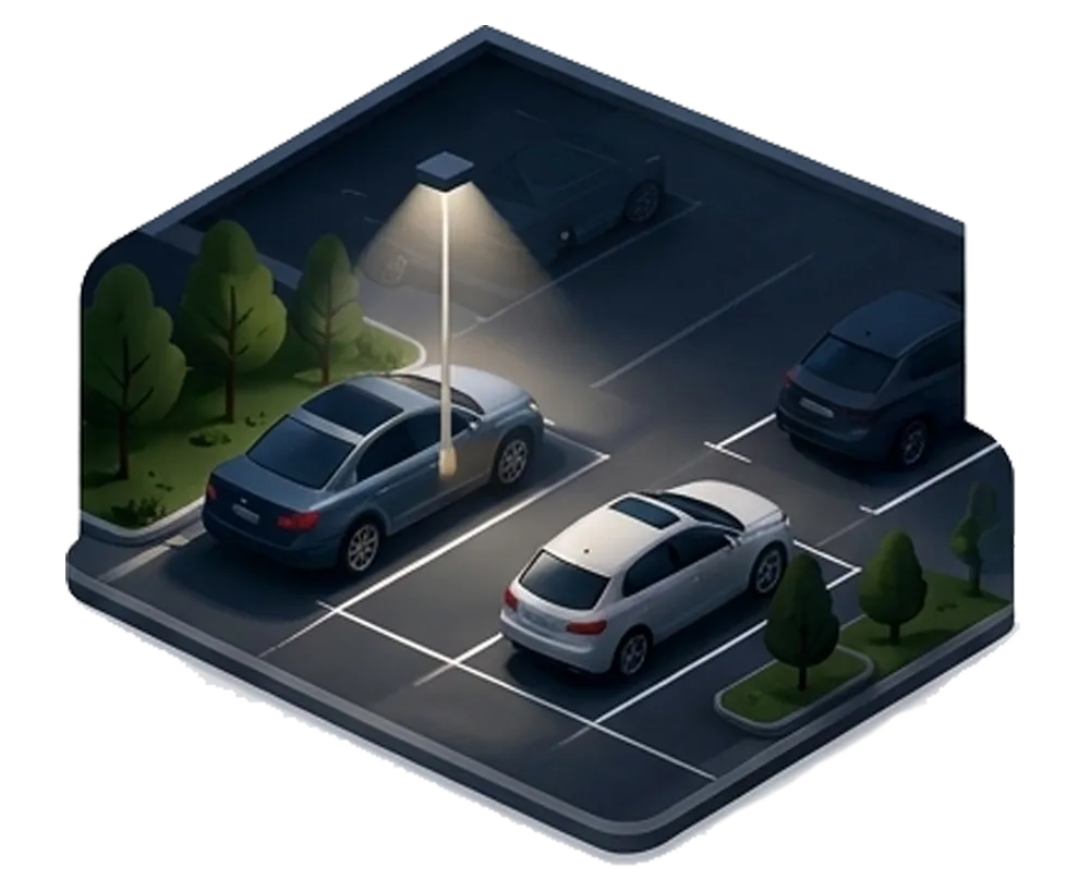 Isometrische Darstellung einer Parkfläche bei Nacht mit drei abgestellten Fahrzeugen auf beleuchteten Stellplätzen.
