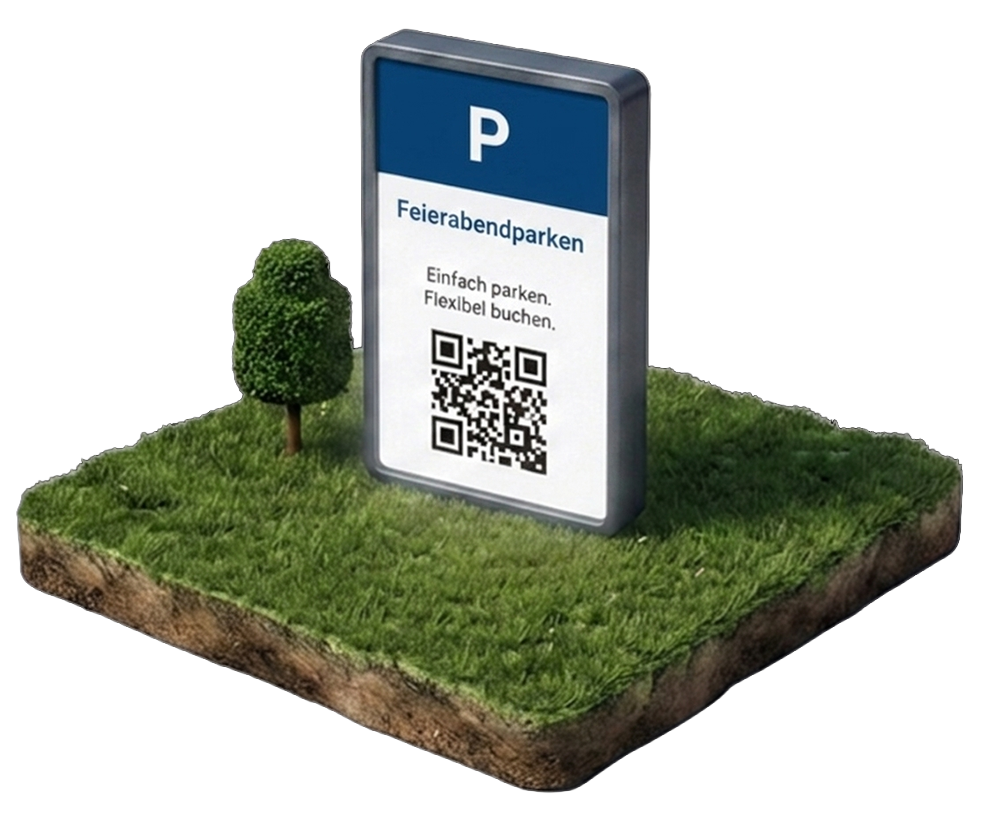 Isometrische Darstellung einer Stele mit Parkschild, der Aufschrift „Feierabendparken – Einfach parken. Flexibel buchen." und einem QR-Code zur Buchung.