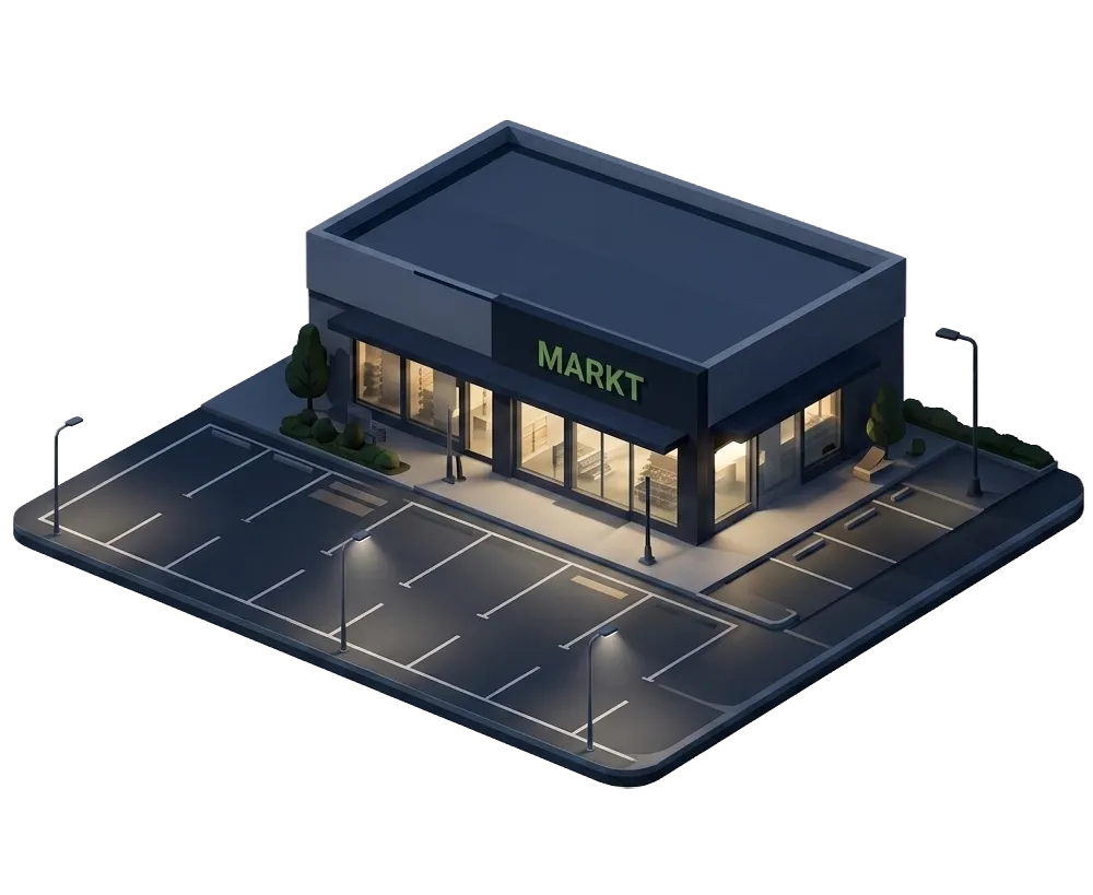 Isometrische Darstellung eines Supermarkts mit leerer Parkfläche bei Nacht. Die Stellplätze sind unbelebt, das Geschäft geschlossen.