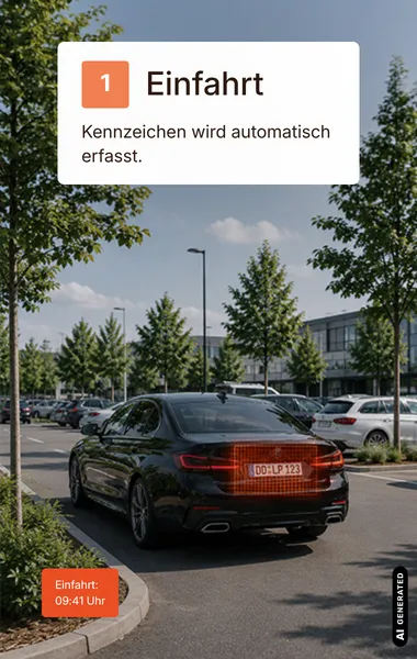 Fahrzeug fährt auf eine Parkfläche. Das Kennzeichen wird automatisch erfasst, ein Zeitstempel zeigt die Einfahrt um 09:41 Uhr.