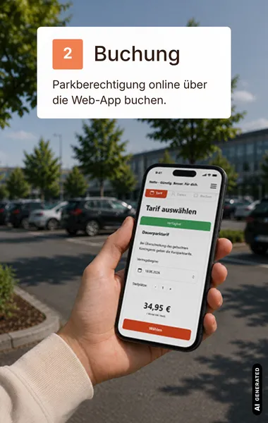 Hand hält ein Smartphone mit der Web-App zur Buchung einer Parkberechtigung. Die Tarifauswahl zeigt einen Dauerparktarif für 34,95 Euro pro Monat mit einem Wählen-Button.