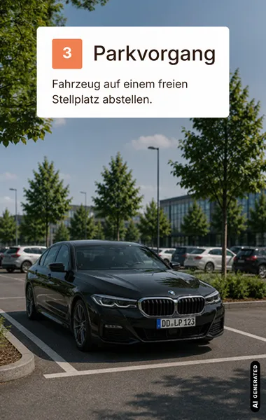 Fahrzeug mit Kennzeichen DO-LP 123 steht auf einem freien Stellplatz der Parkfläche. Der Hinweis beschreibt reibungsloses Parken auf einem verfügbaren Stellplatz.