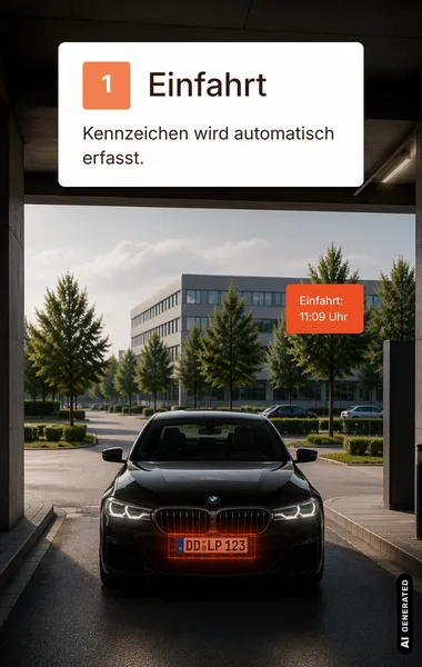 Fahrzeug fährt in ein Parkhaus ein, links eine Stele mit Parkschild und der Anzeige „FREI". Das Kennzeichen wird automatisch erfasst, ein Zeitstempel zeigt die Einfahrt um 11:09 Uhr.