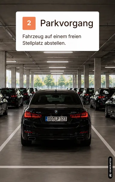 Fahrzeug mit Kennzeichen DO-LP 123 steht auf einem Stellplatz im Parkhaus, umgeben von weiteren parkenden Fahrzeugen.