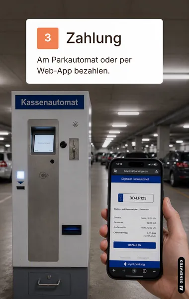 Zwei Zahlungsoptionen nebeneinander: links ein physischer Kassenautomat im Parkhaus, rechts ein Smartphone mit dem digitalen Parkautomat von loyal parking, der Kennzeichen, Parkdauer, offenen Betrag und einen Bezahlen-Button anzeigt.