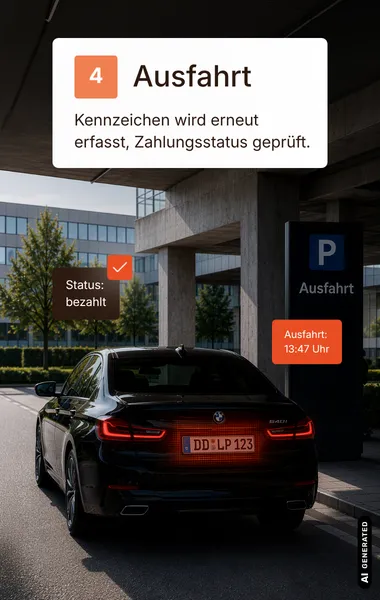 Fahrzeug verlässt das Parkhaus um 13:47 Uhr an der Ausfahrtstele. Das Kennzeichen wird erneut erfasst und der Zahlungsstatus als bezahlt bestätigt, dargestellt durch ein grünes Häkchen.