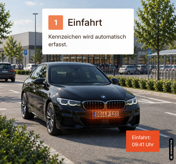 Fahrzeug fährt auf eine Parkfläche. Das Kennzeichen wird automatisch erfasst, dargestellt durch einen orangefarbenen Scan-Strahl. Ein Zeitstempel zeigt die Einfahrt um 09:41 Uhr.