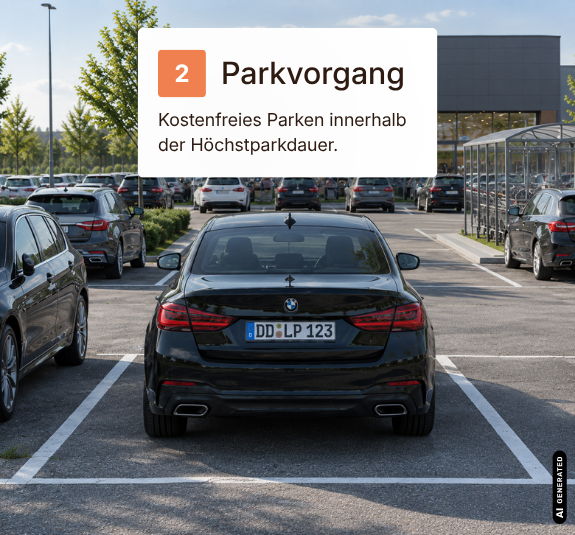 Fahrzeug mit Kennzeichen DO-LP 123 steht auf einem belegten Kundenparkplatz. Der Hinweis erläutert kostenloses Parken im Rahmen der Höchstparkdauer.