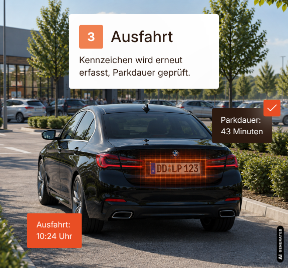 Fahrzeug verlässt die Parkfläche um 10:24 Uhr. Das Kennzeichen wird erneut erfasst und die Parkdauer von 43 Minuten mit einem grünen Häkchen als regelkonform bestätigt.