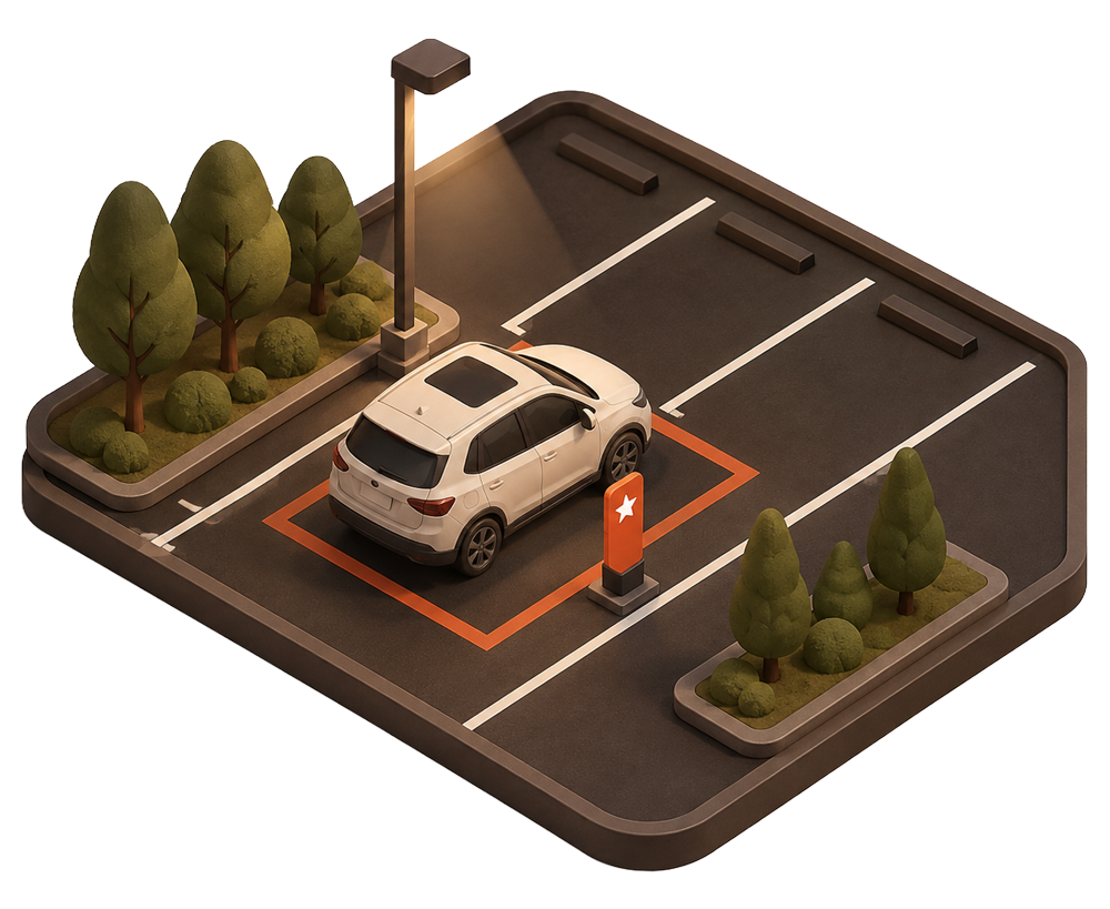 Isometrische Darstellung einer Parkfläche mit einem Fahrzeug auf einem orange markierten, reservierten Stellplatz. Die übrigen Stellplätze sind frei.