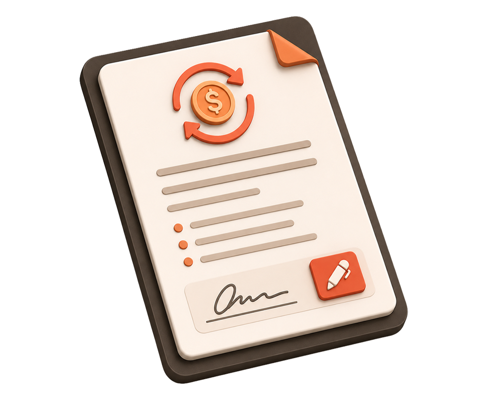Isometrische Darstellung eines Vertragsdokuments mit einem Symbol für wiederkehrende Zahlung, Textzeilen, einer Unterschrift und einem Bearbeiten-Button.
