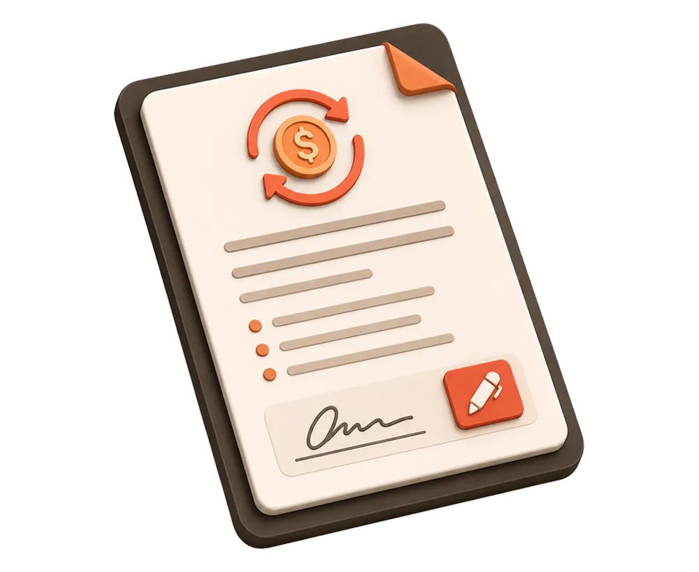 Isometrische Darstellung eines Vertragsdokuments mit einem Symbol für wiederkehrende Zahlung, Textzeilen, einer Unterschrift und einem Bearbeiten-Button.
