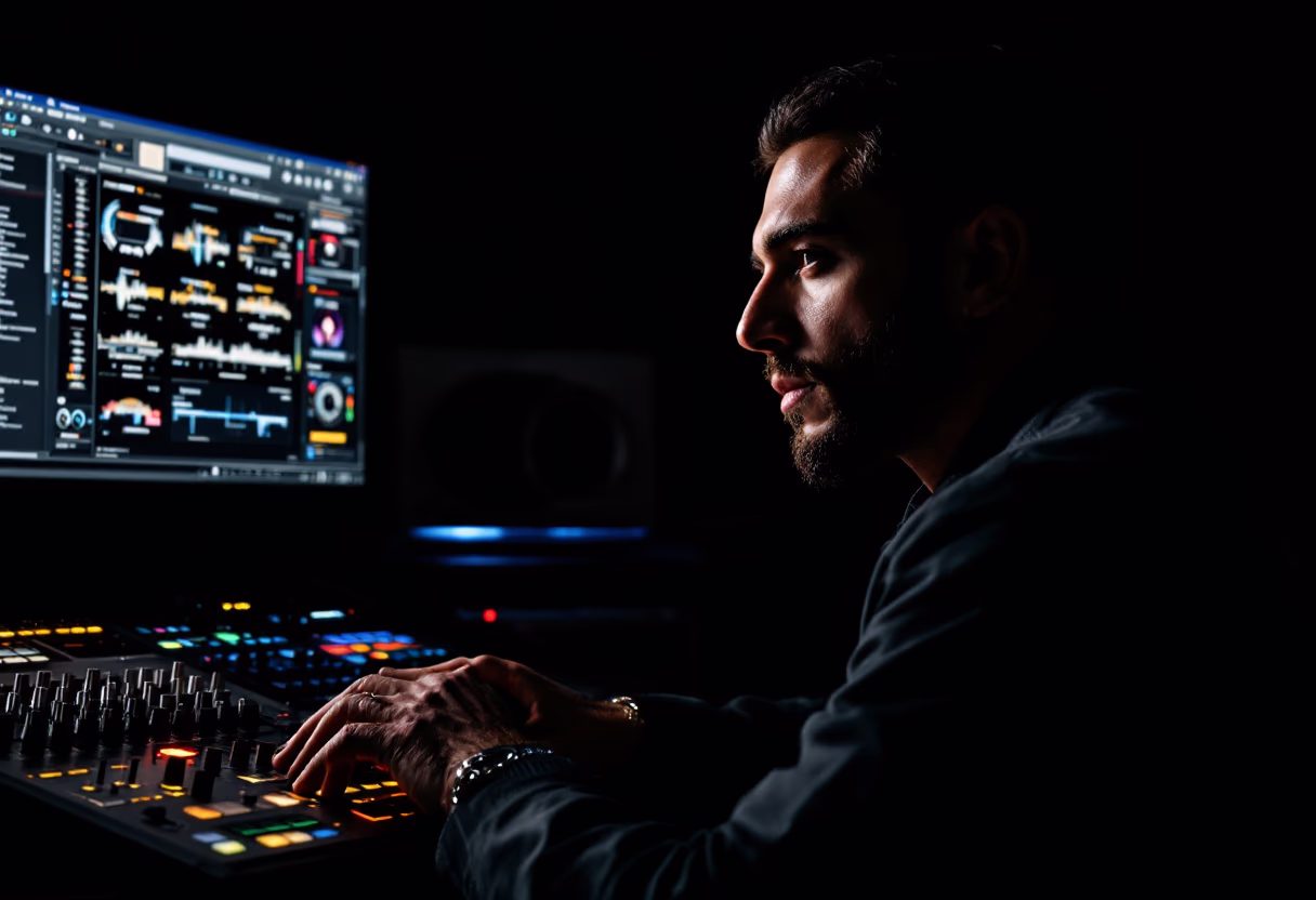 moody studio scene with music producer