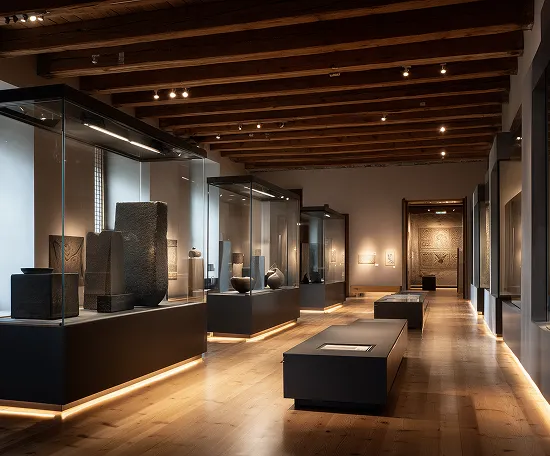 Museum gallery with ancient stone artifacts displayed in glass cases under wooden beam ceiling.