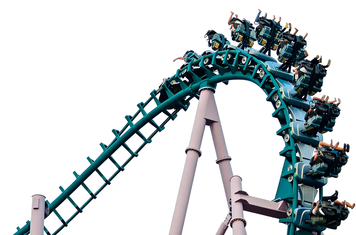 Roller coaster with riders upside down on a steel loop supported by pink pillars.