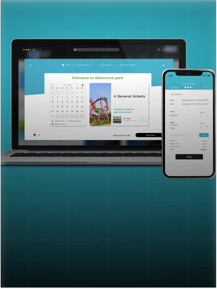 Laptop and smartphone screens showing an online booking interface for Adventure park tickets and payment.