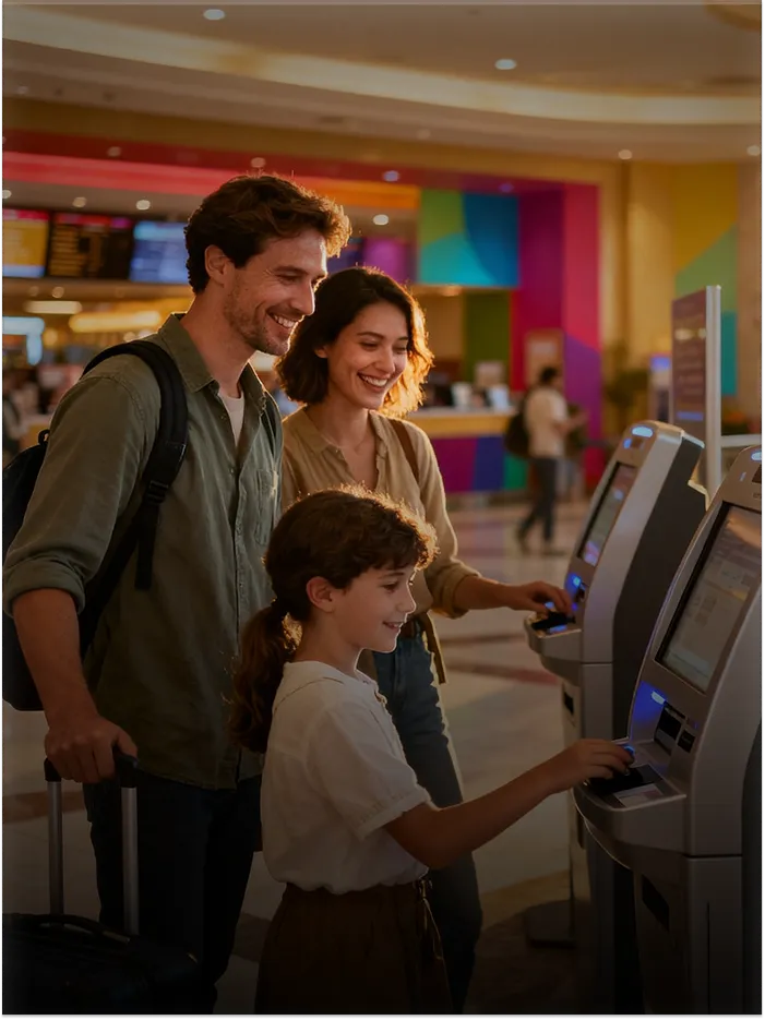 Smiling family using self-service kiosk with luggage in colorful airport terminal.
