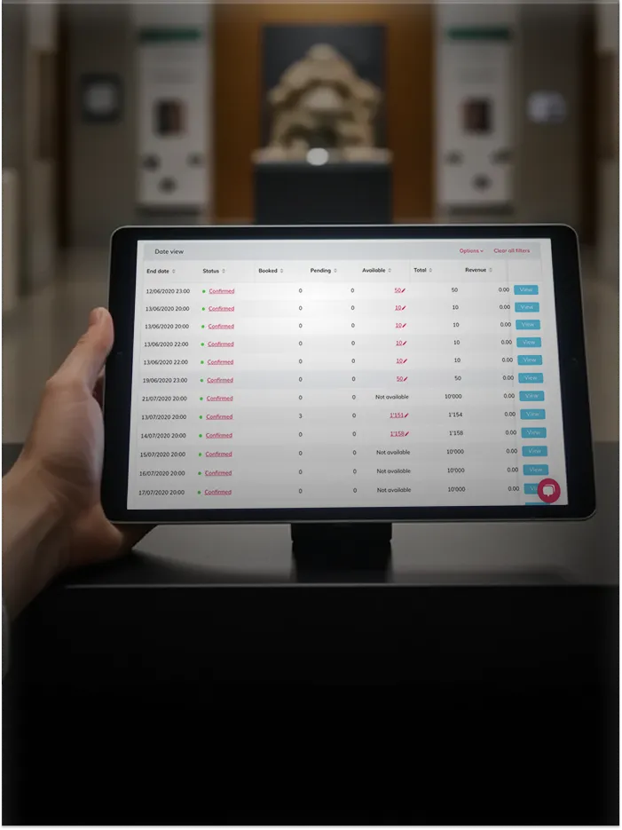 Tablet screen displaying a booking status table with dates, status, availability, totals, and revenue columns.