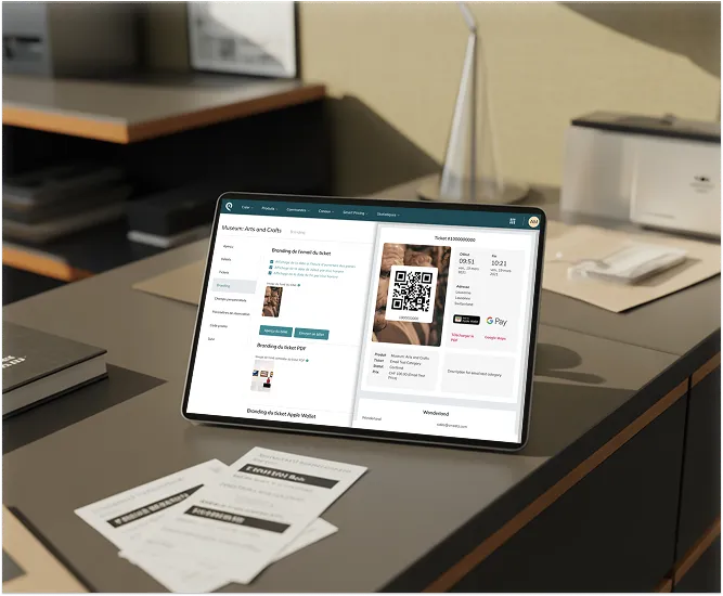 Tablet displaying a digital ticket with QR code for Museum Arts and Crafts on a desk with papers.