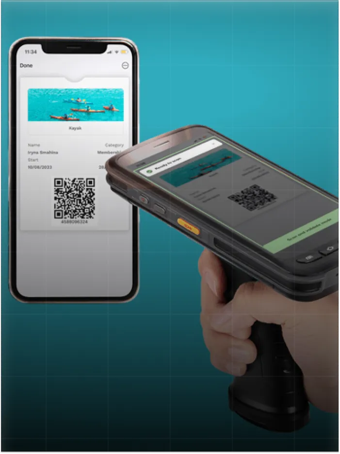 Smartphone screen showing a kayak membership QR code being scanned by a handheld QR code reader.