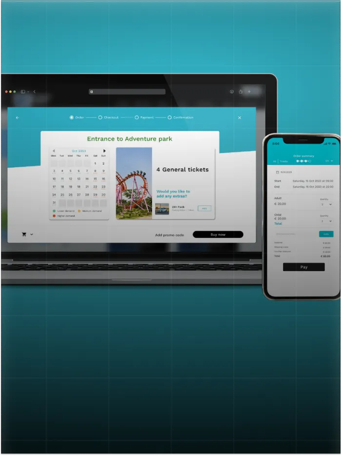 Laptop and smartphone showing Adventure park ticket booking with calendar and payment summary on blue background.