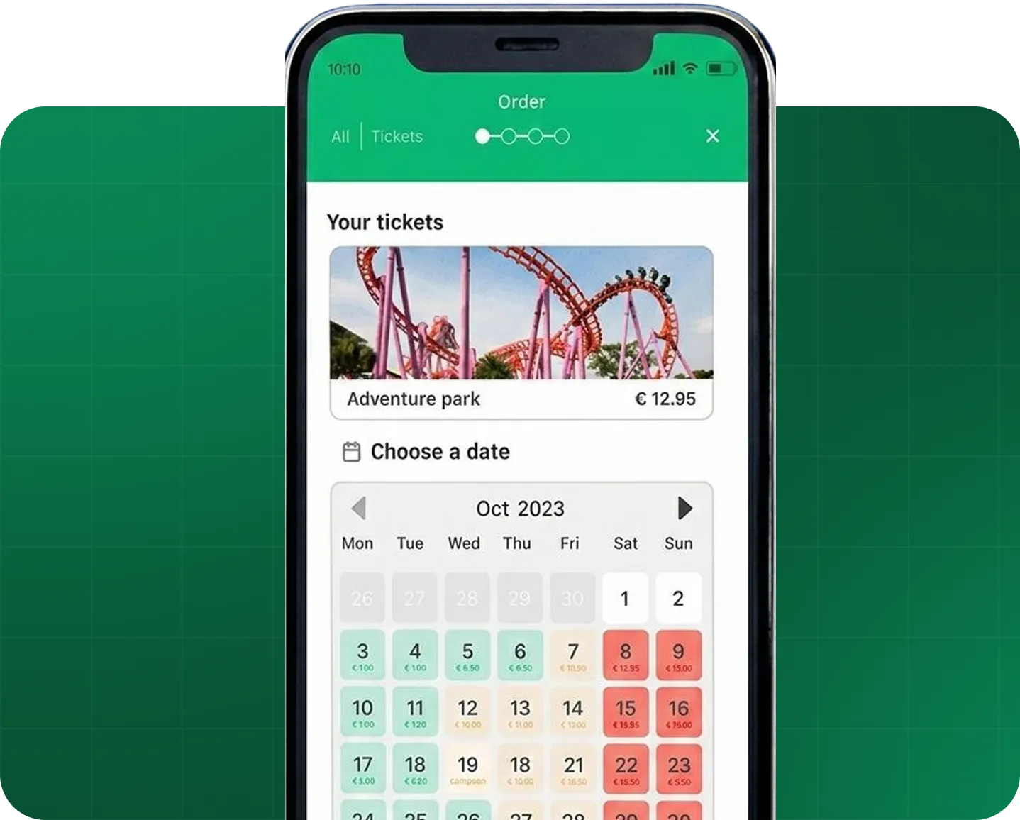 Phone screen showing an Adventure park ticket order app with a date picker calendar priced by day.