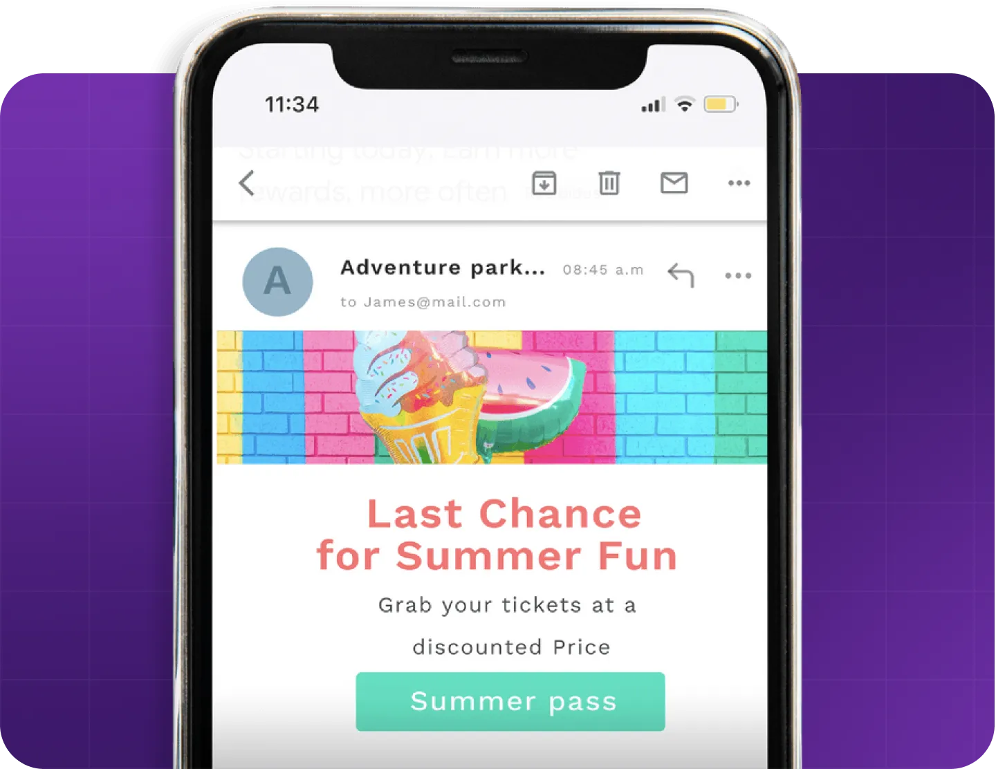 Smartphone displaying an email about last chance for summer fun with a summer pass button.