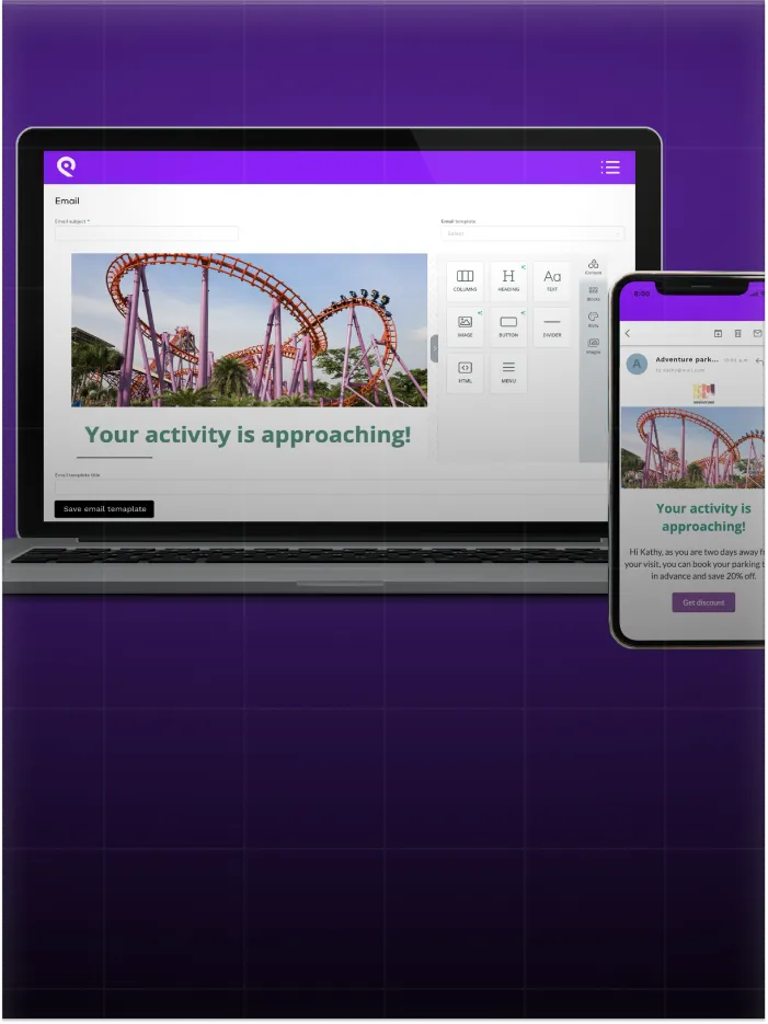 Laptop and phone displaying an email template editor with a roller coaster image and text about activity approaching.