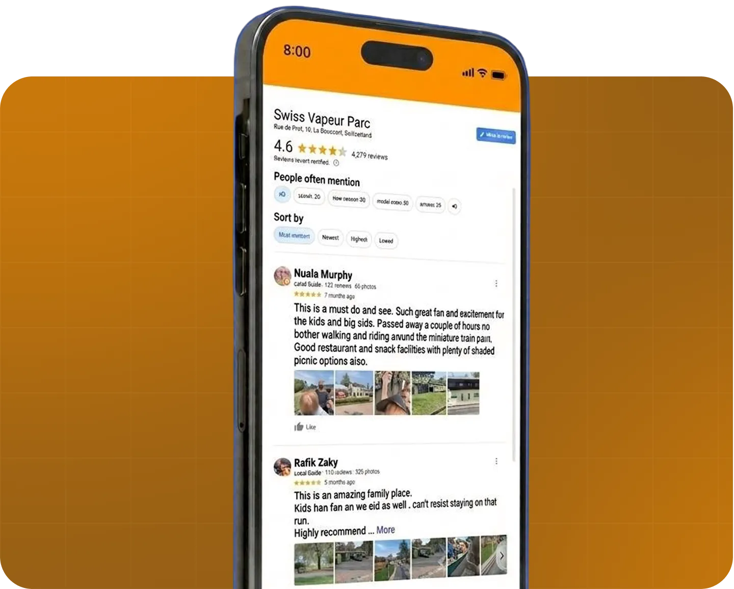 Smartphone showing Swiss Vapeur Parc reviews with 4.6 stars and visitor comments about family fun and picnic options.