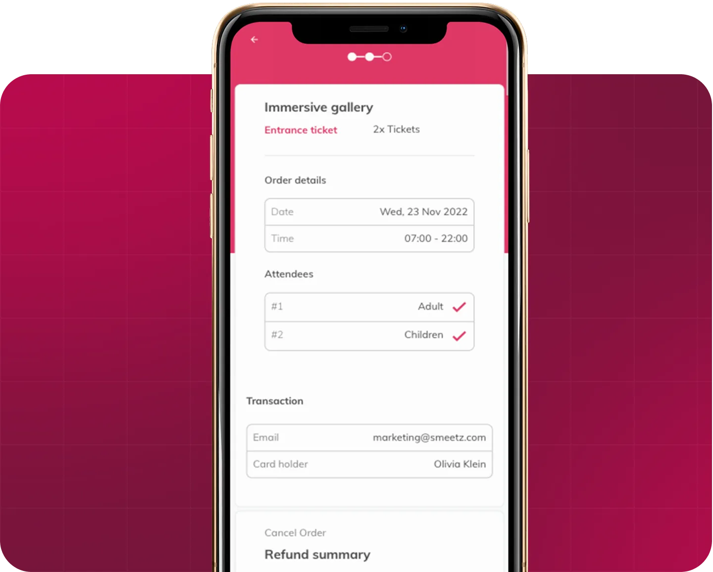 Mobile screen shows ticket order for immersive gallery with date, time, attendees, and transaction details.