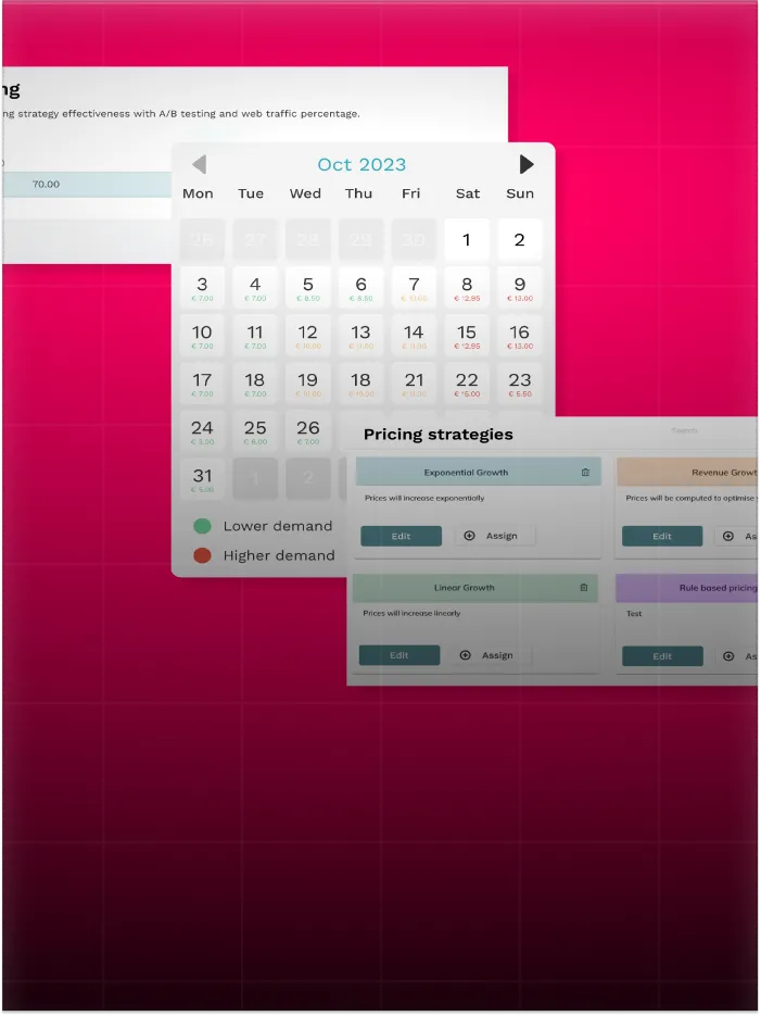 Calendar for Oct 2023 showing daily pricing in euros, with lower and higher demand indicators and pricing strategies.