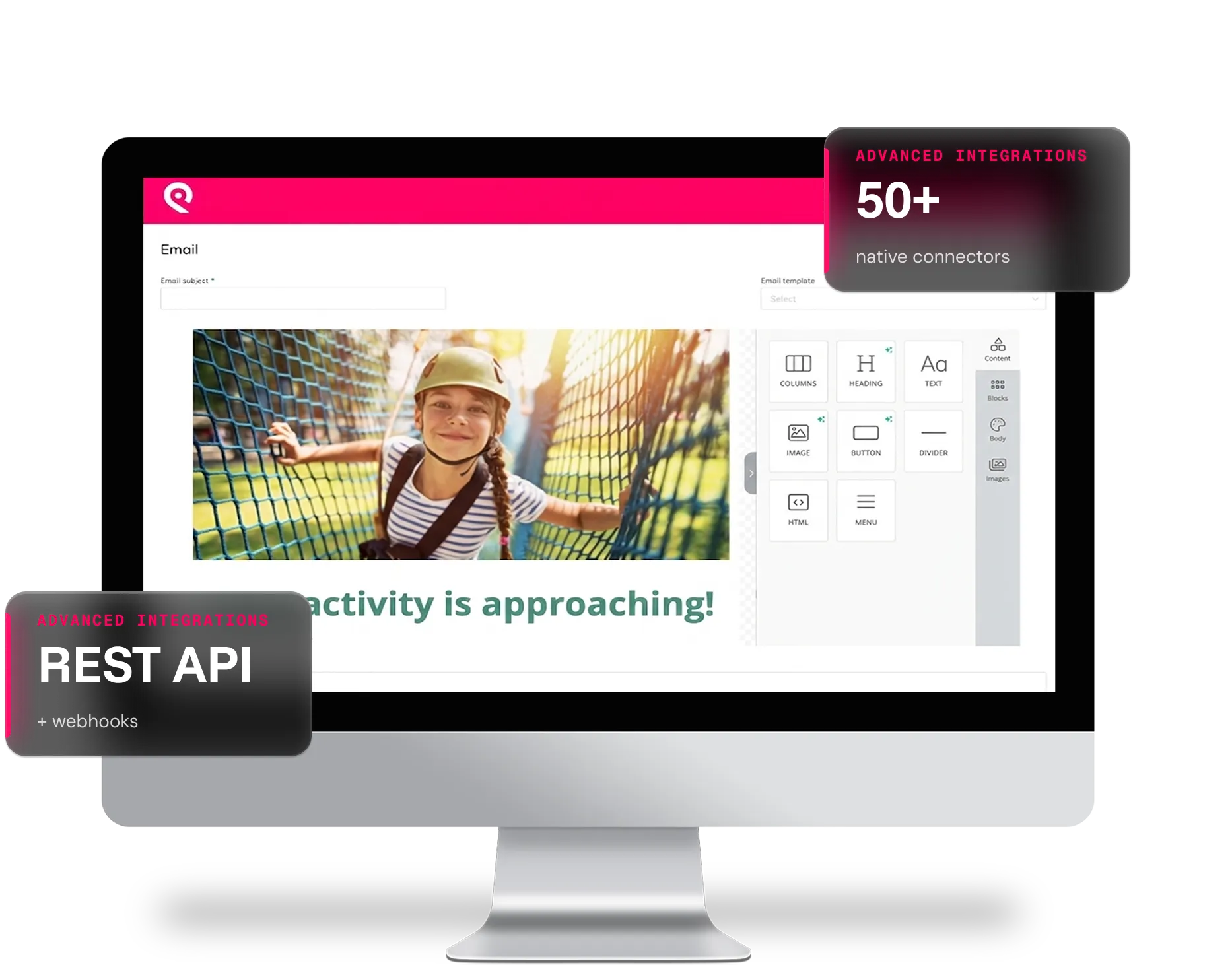 Computer screen showing email design tool with photo of smiling girl on rope bridge and editing options.
