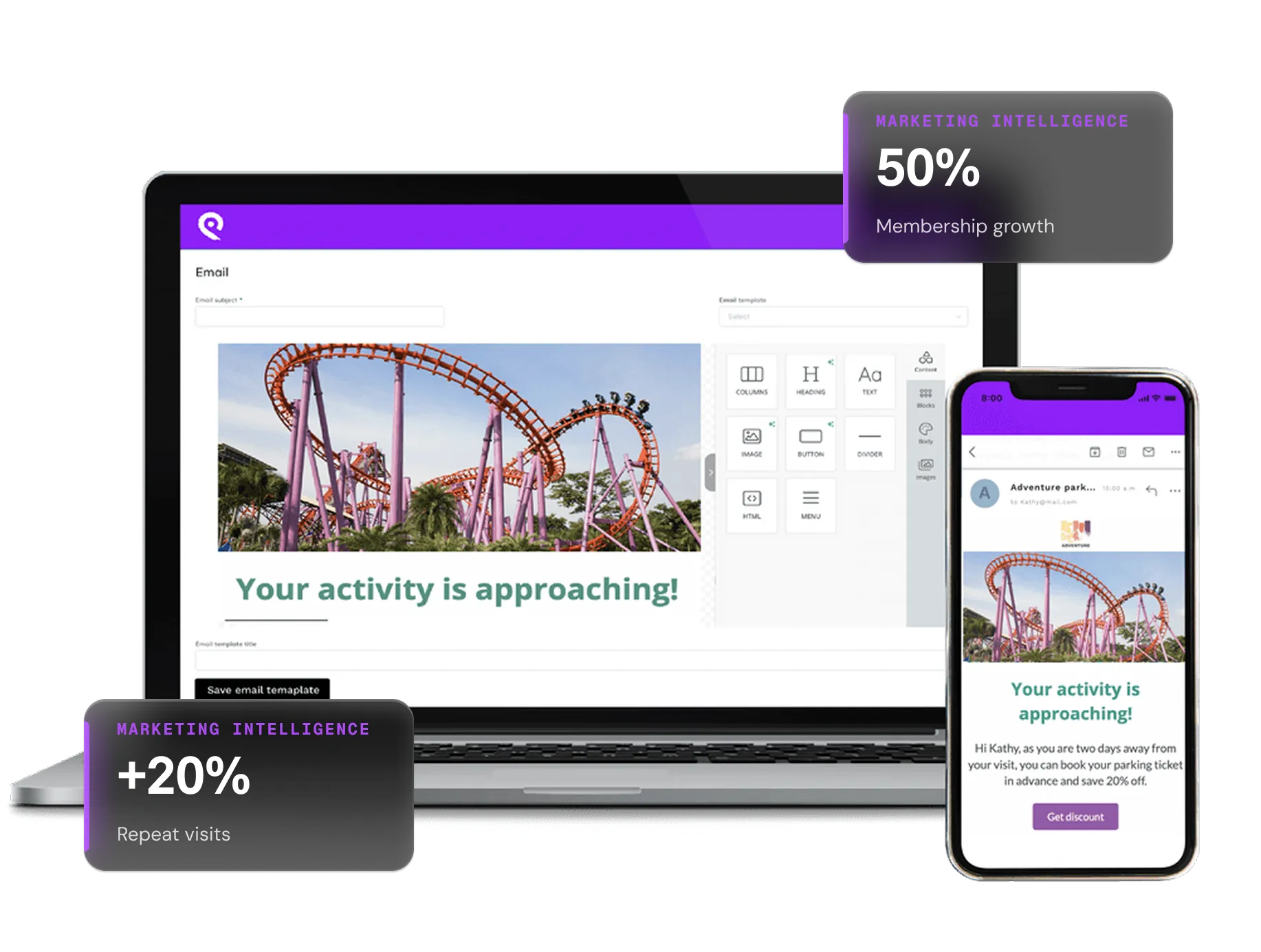 Laptop and phone showing marketing emails about an upcoming activity with growth and repeat visit stats.