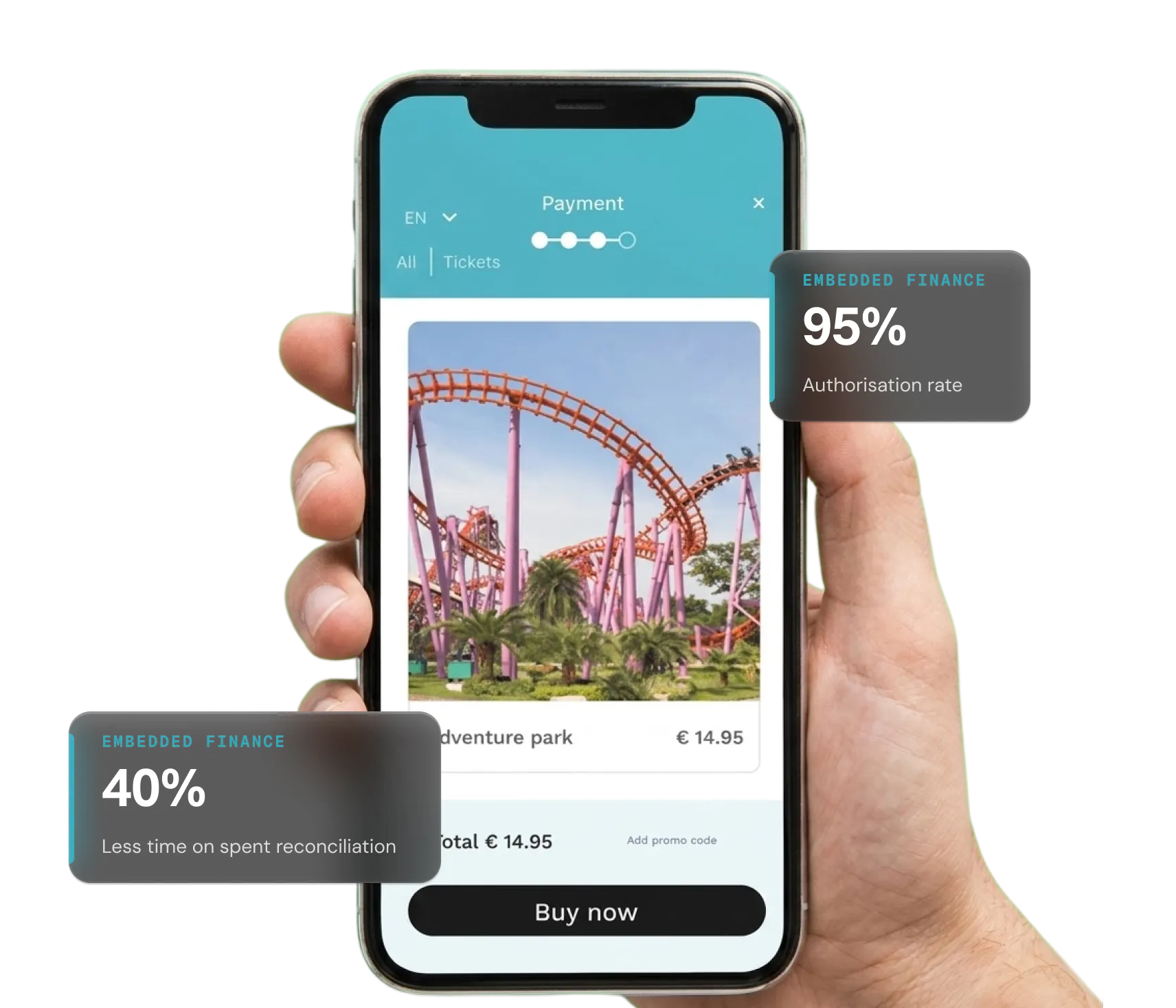 Hand holding phone showing payment for adventure park ticket costing €14.95 with buy now button.