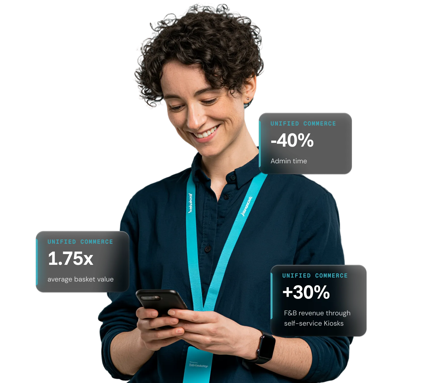 Smiling person with curly hair using a smartphone wearing a blue lanyard and watch.