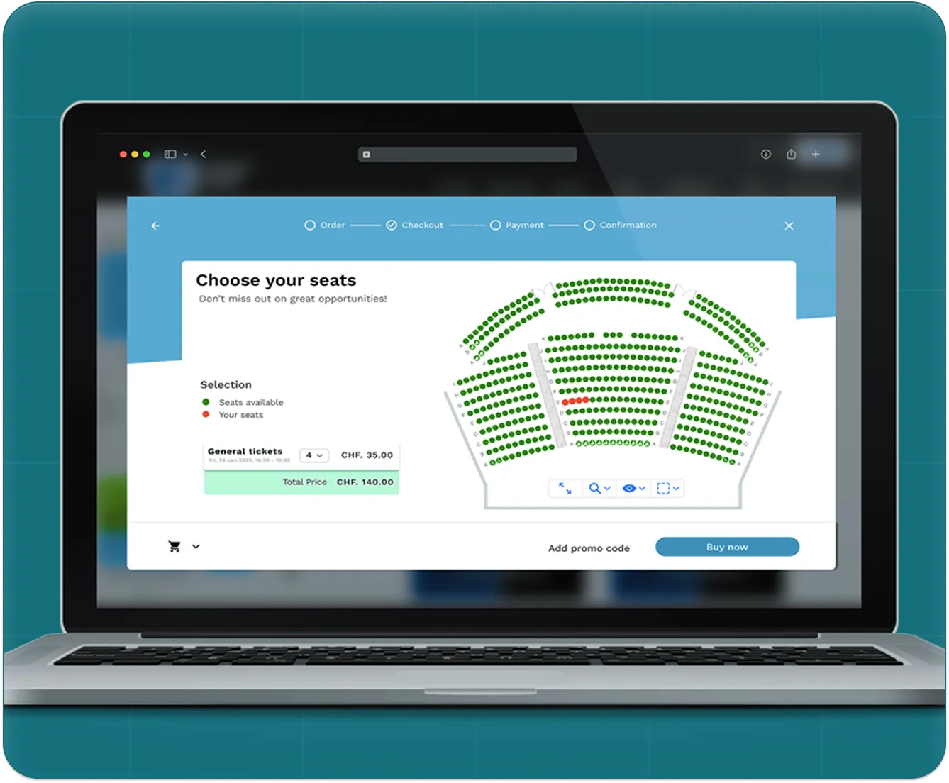 Laptop screen showing a seat selection interface with available seats in green and selected seats in red.