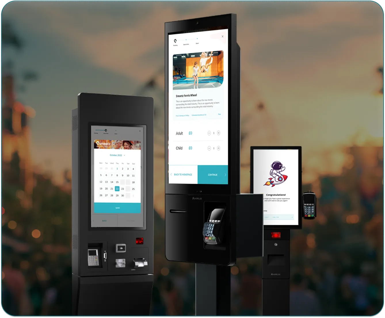 Three black self-service kiosks with touchscreens and payment terminals in an outdoor setting.