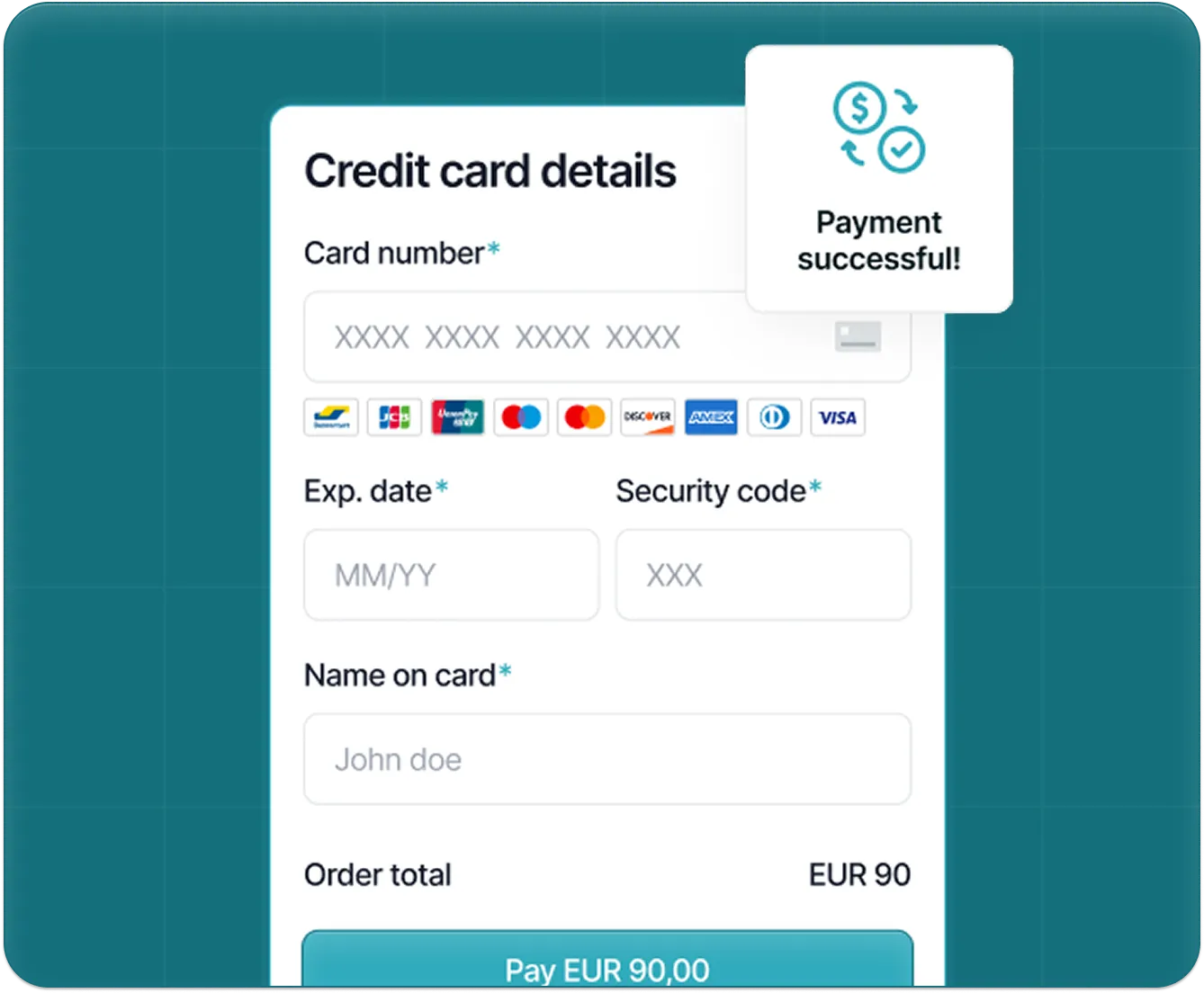 Credit card form with fields for card number, expiry date, security code, name, and payment successful note.