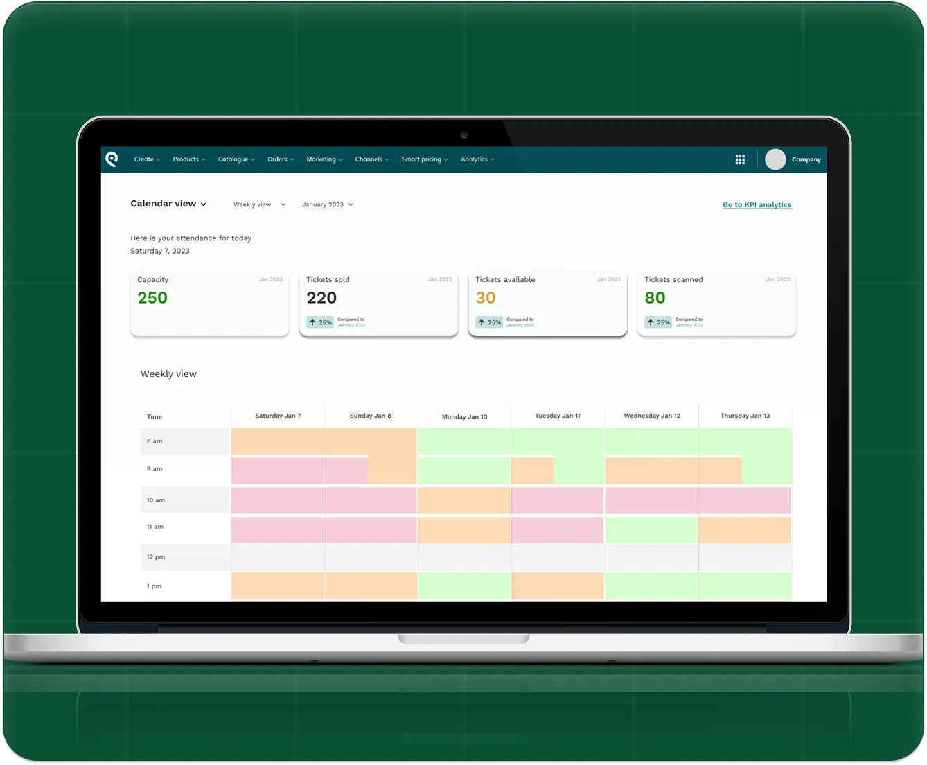 Laptop screen showing calendar view dashboard with attendance stats and weekly schedule in colored blocks.