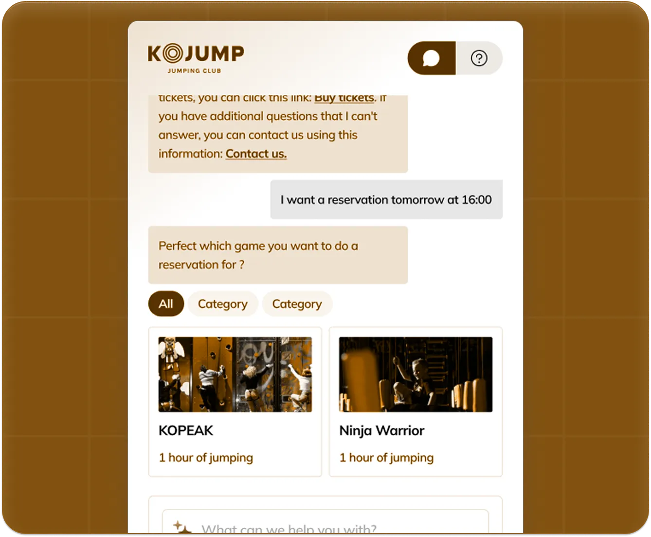 Chat interface for KOJUMP Jumping Club showing reservation options for KOPEAK and Ninja Warrior games.