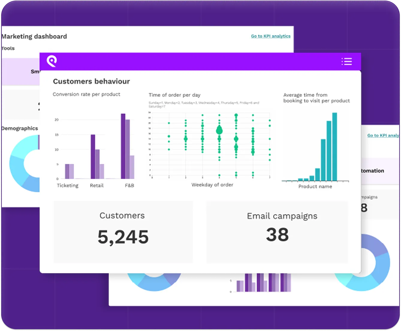 Marketing dashboard showing customer behavior charts and metrics including 5,245 customers and 38 email campaigns.
